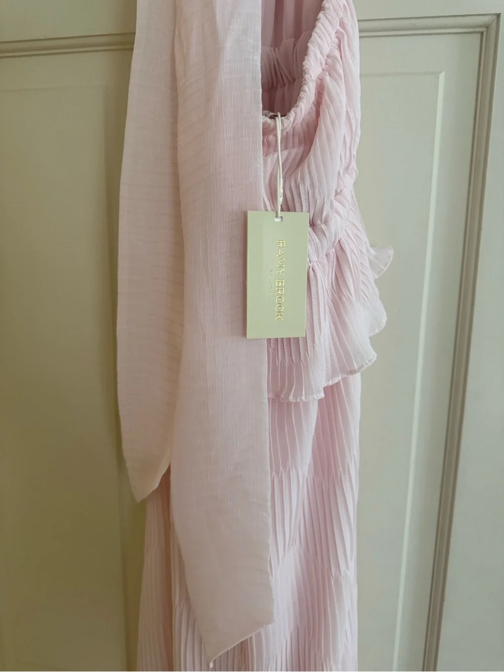 Ramy Brook Pale Pink Halter Plunge Ruffle Maxi Dress